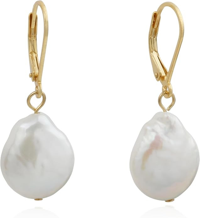 Sterling Silver Handmade Freshwater Cultured White Button Pearl Dangling Drop Earrings for Women | Amazon (US)