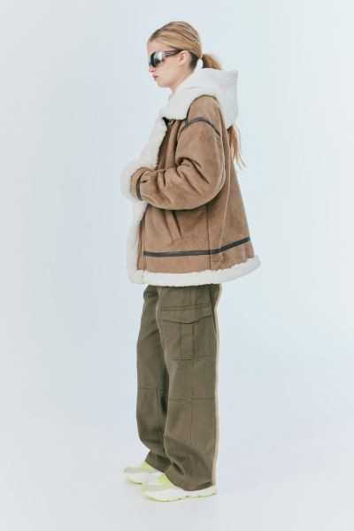 Oversized Teddy-fleece-lined Jacket - Dark beige - Ladies | H&M US | H&M (US + CA)