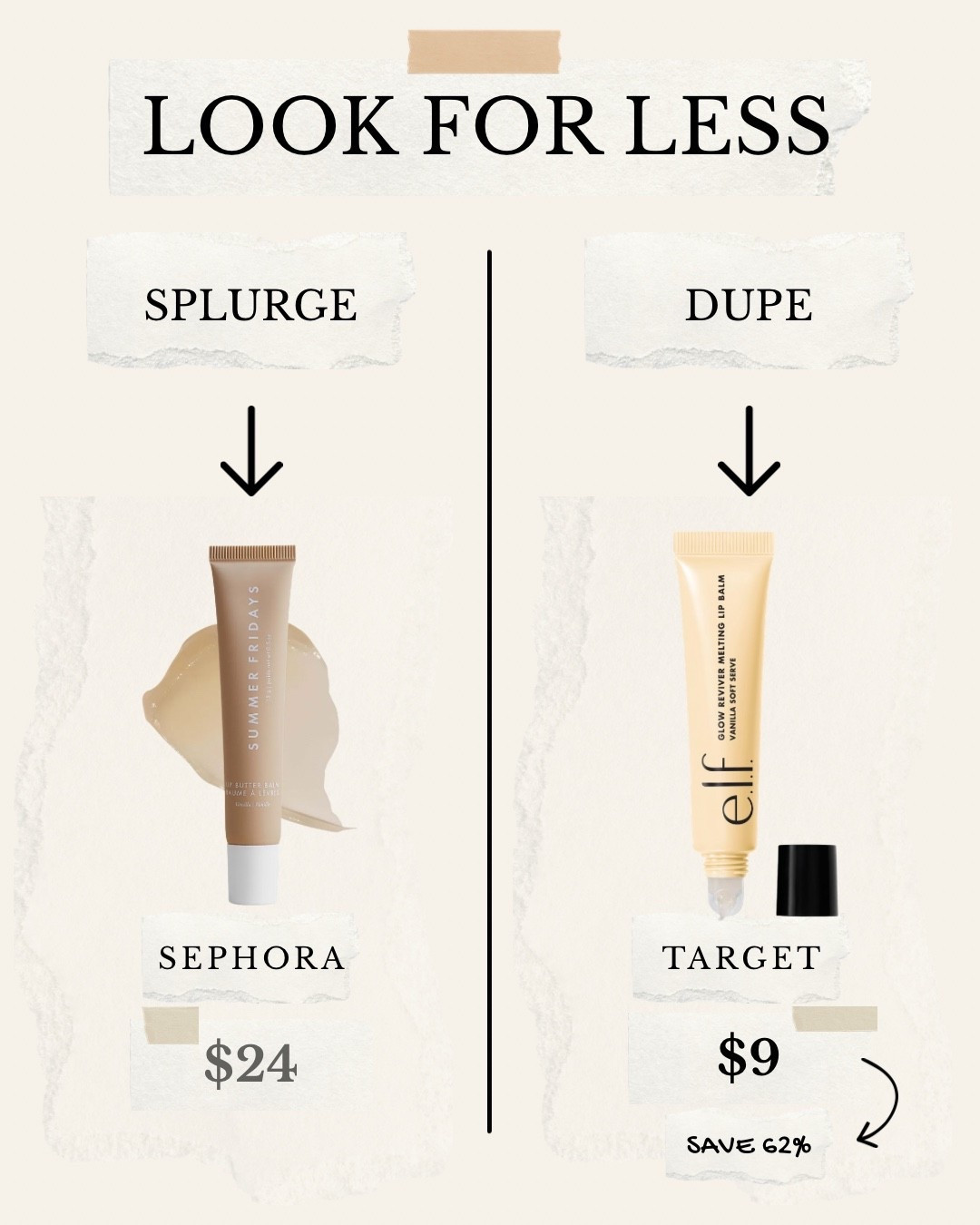 Summer Fridays Lip Butter Balm vs e.l.f. Glow Reviver Lip Balm 👄
If you love a glossy, hydrating lip but don’t love the $24 price tag, this e.l.f. dupe from Target is only $9 and gives the same soft, shiny finish. Creamy, comfortable, and perfect for everyday wear. Save 62% without sacrificing the look ✨

#LTKSaleAlert #LTKselfcare #LTKgrwm