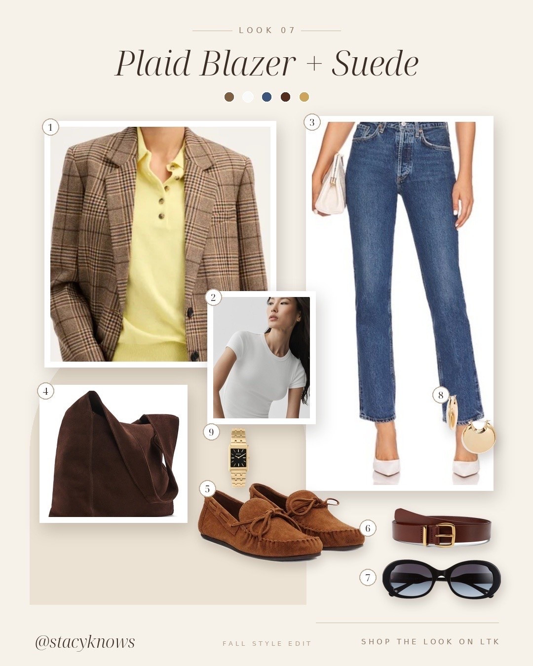 Fall Style Edit 07: Plaid Blazer + Suede. A plaid blazer over a white tee with dark denim, suede moccasins and a chocolate bag. Gold details pull it together. #fallstyle #falloutfits #plaidblazer #suede #womenover40
