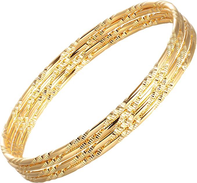 4 Sets Gold Tone Stainless Steel Multi Textured Round Bangle Bracelet Set For Women Girls | Amazon (US)