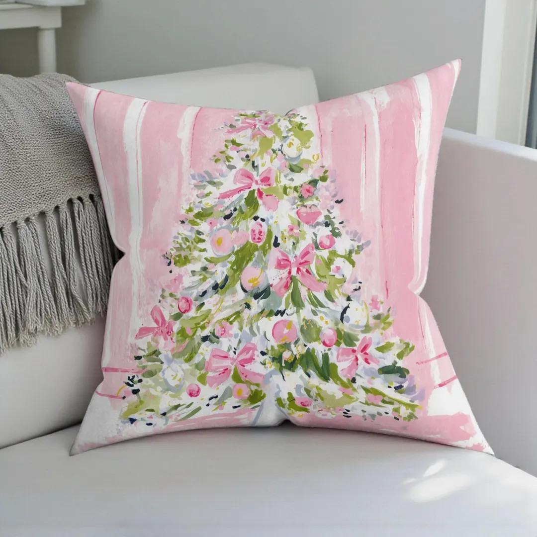 Pink Floral Christmas Tree Pillow Cover | Watercolor Holiday Decor - Etsy | Etsy (US)