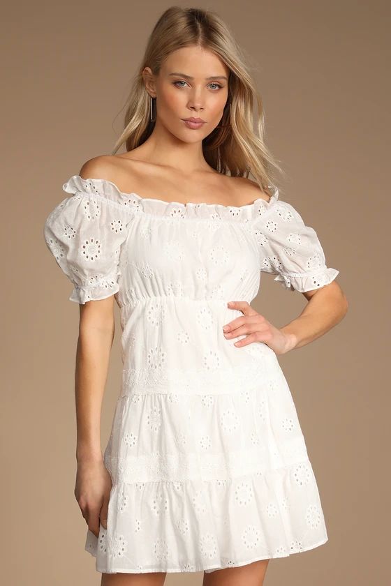 Dreaming of Sunshine White Eyelet Off-the-Shoulder Mini Dress | Lulus (US)
