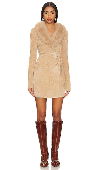 Candella Faux Fur Wrap Dress in Beige | Revolve Clothing (Global)