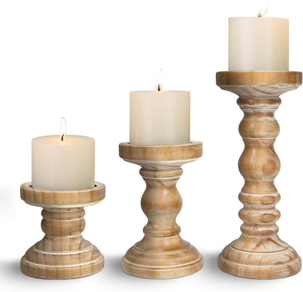 Candle Holder for Pillar Candle Set of 3, Farmhouse Wood Candle Holder, Rustic Wooden Candle Stan... | Amazon (US)