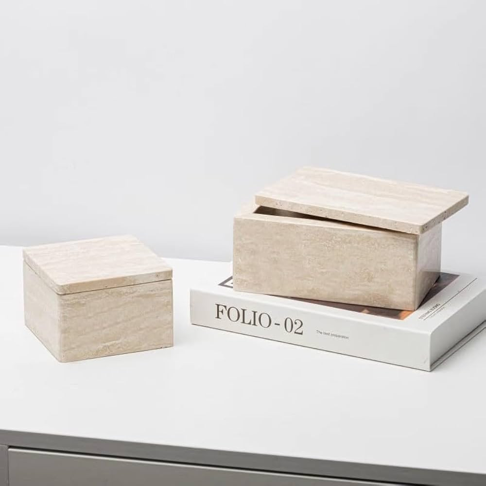 Natural Marble Storage Rectangle Containers Cotton Swab Holder, Organizers with Lids,Travertine S... | Amazon (US)