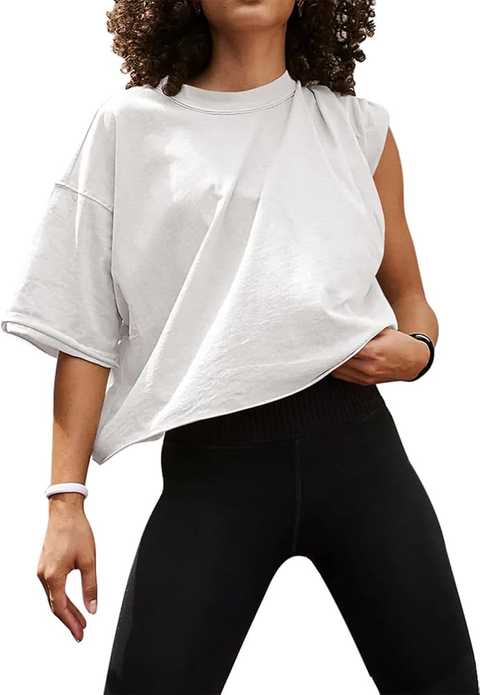 UEU Women's Comfy Basic Workout Gym Short Sleeve Crop Tops Casual Loose Oversized T-Shirts | Amazon (US)