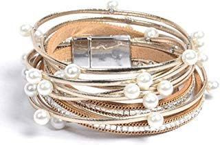 Artilady Leather Wrap Bracelet for Women - Handmade Clasp Bangle Bracelet with Pearl Beads Crysta... | Amazon (US)