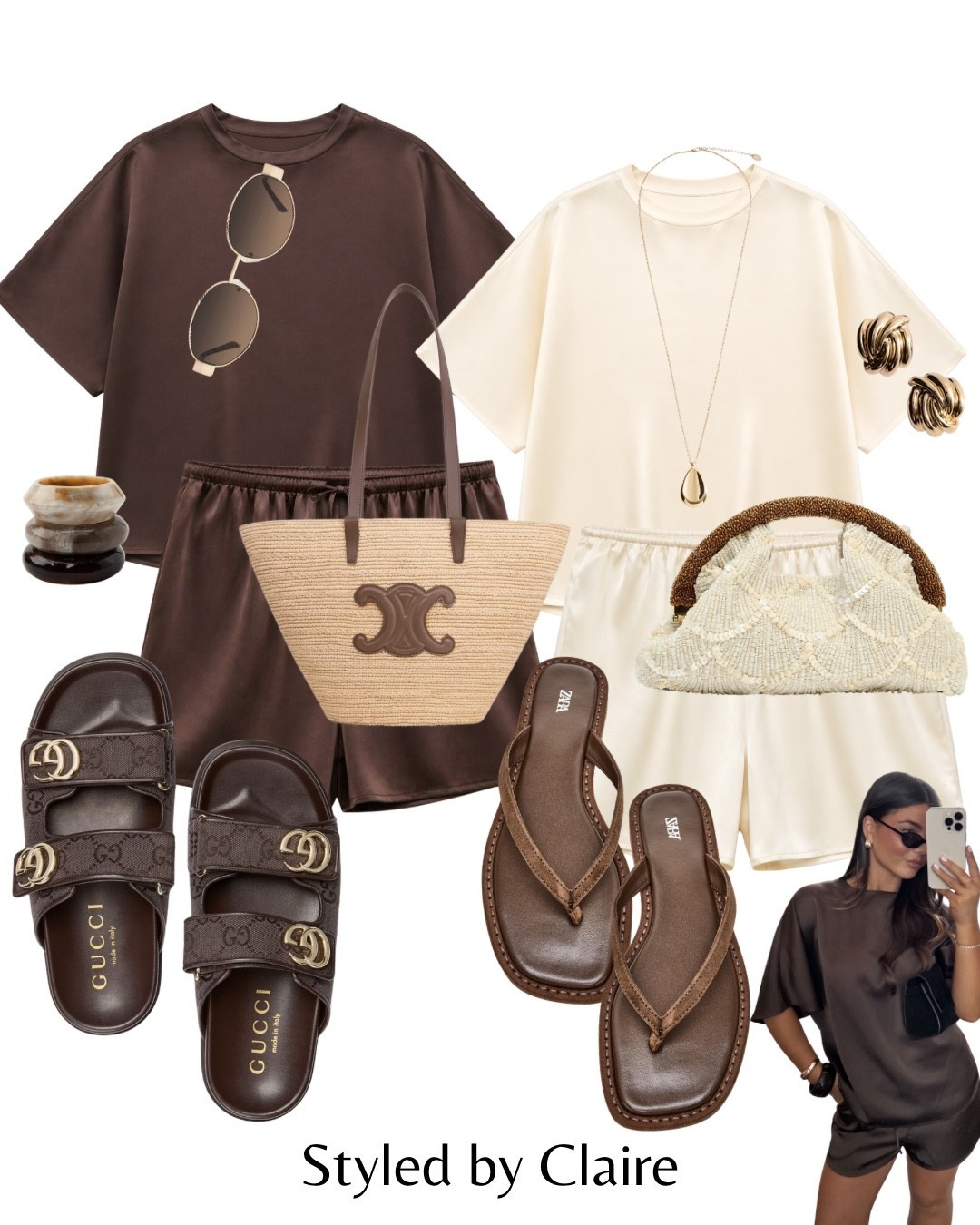 SATIN DREAMY SETS🍫
Tags: new in pretty Lavish luxury co-ord brown cream tshirt drawstring shorts Gucci sandals Zara suede effect flats strap thong embellished beaded bag clutch earrings long necklace gold mango resin bracelets fashion date night spring summer city break inspo outfit ideas chic women’s style capsule wardrobe elevated basics date night holiday vacation ootd 

#LTKsummer #LTKdatenight #LTKstyletip