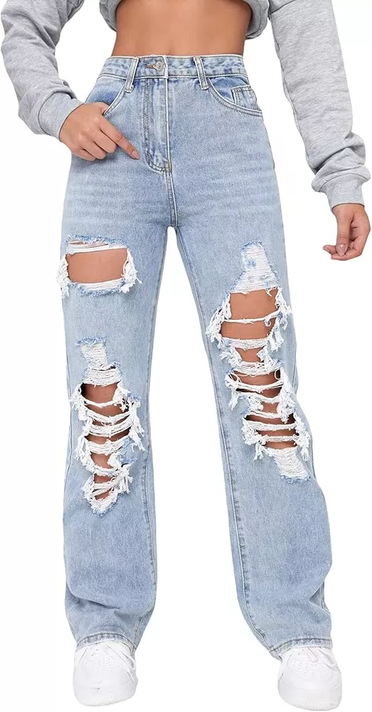 Floerns Women's High Waist Straight Leg Ripped Jeans Distressed Denim Pants