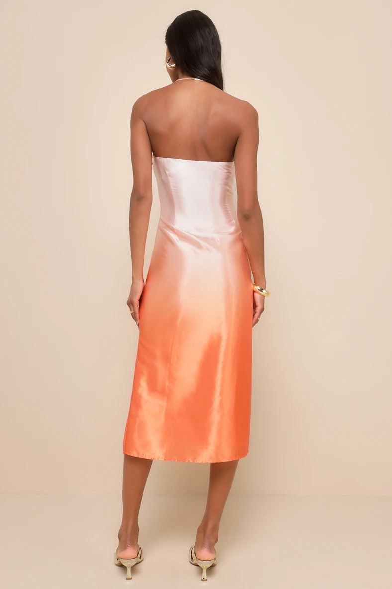 Indescribable Poise Peach Ombre Satin Strapless Midi Dress | Lulus