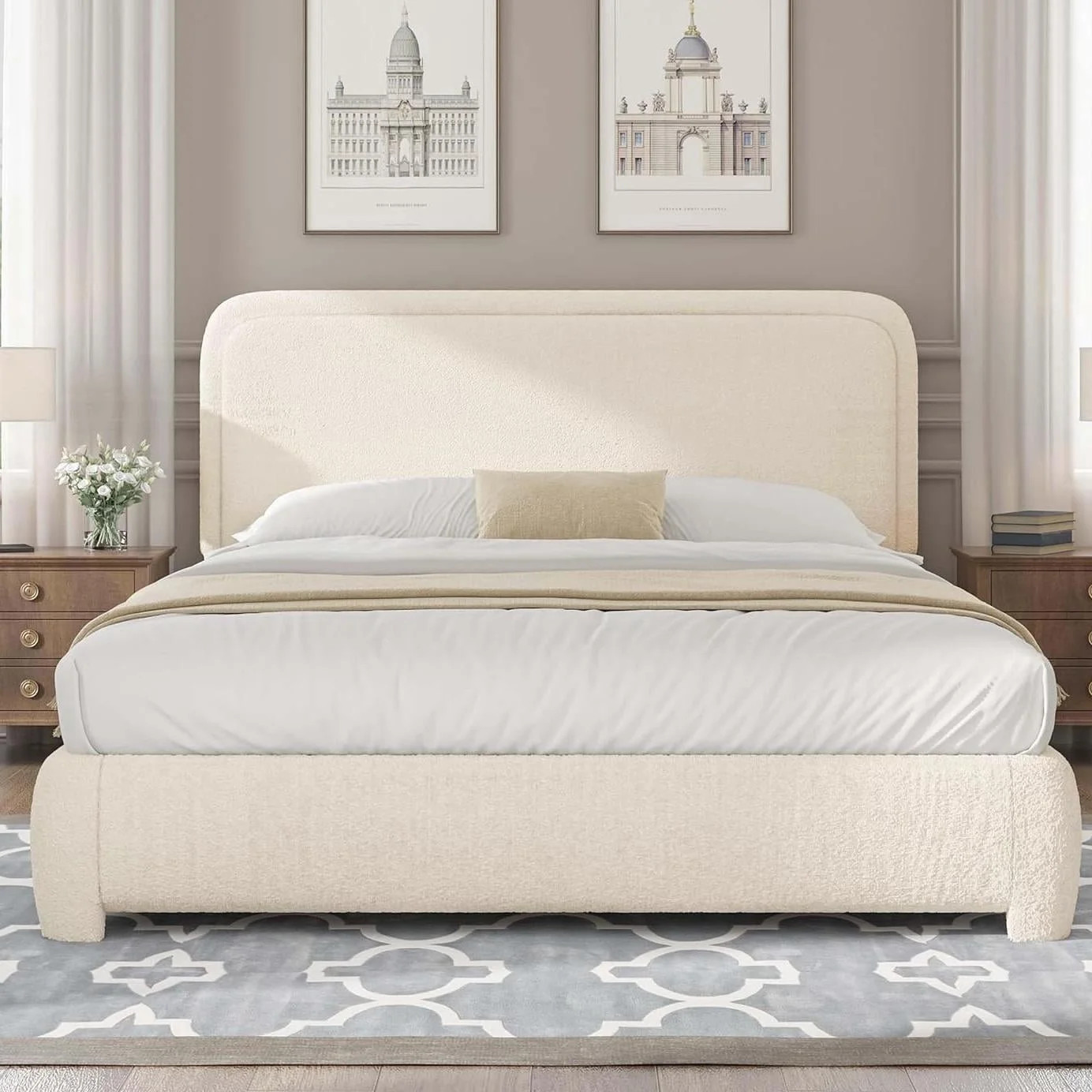4 EVER WINNER Full Size Bed Frame, Boucle Upholstered Bed Frame with Headboard, No Box Spring Required, Easy Assembly, Cream | Walmart (US)