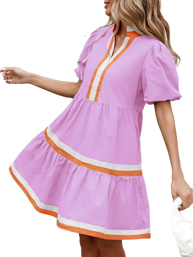 LifeShe Womens Puff Sleeve Babydoll Dress V Neck Navy Blue Striped Color Block Tiered Mini Dresse... | Amazon (US)