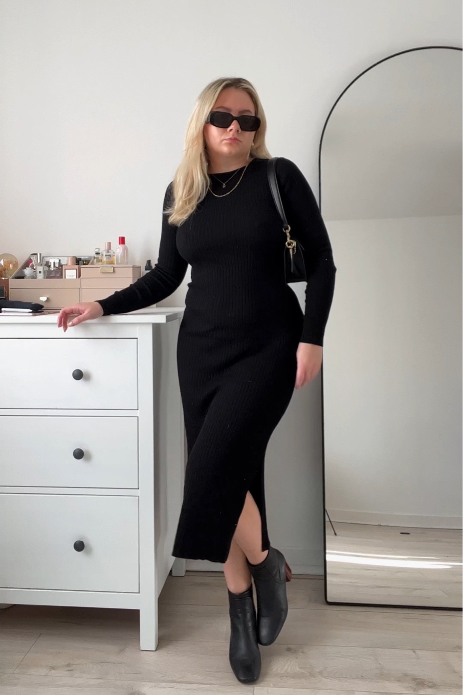 black ribbed slit midi dress, shoulder bag and ankle boots

#LTKstyletip #LTKeurope