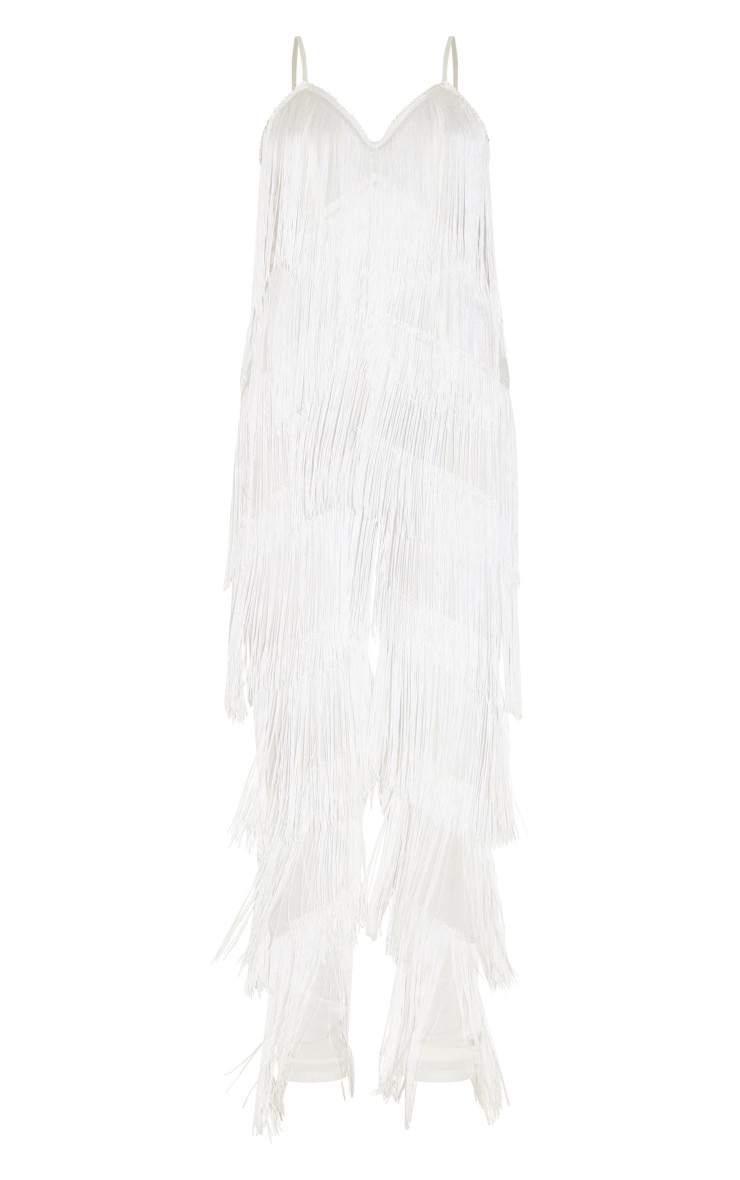 White Tassel Plunge Jumpsuit | PrettyLittleThing US