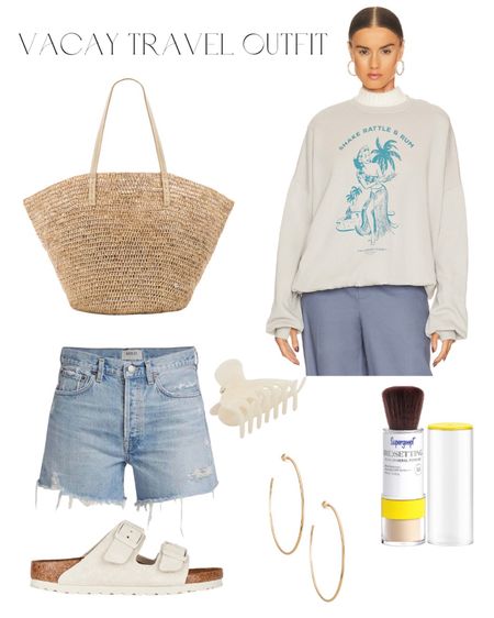 Vacation travel outfit // vacay // oversized sweatshirt // vacation loungewear // vacation sweatshirt // the laundry room // denim shorts // travel style // travel outfit // beach bag // pool bag 

#LTKstyletip #LTKunder100 #LTKtravel