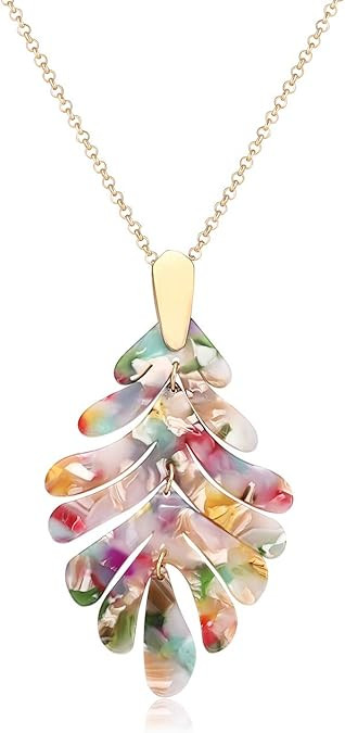 Acrylic Pendant necklace Earrings – Long Statement Leaf Charm Necklace Tortoise Resin Palm Leaf... | Amazon (US)