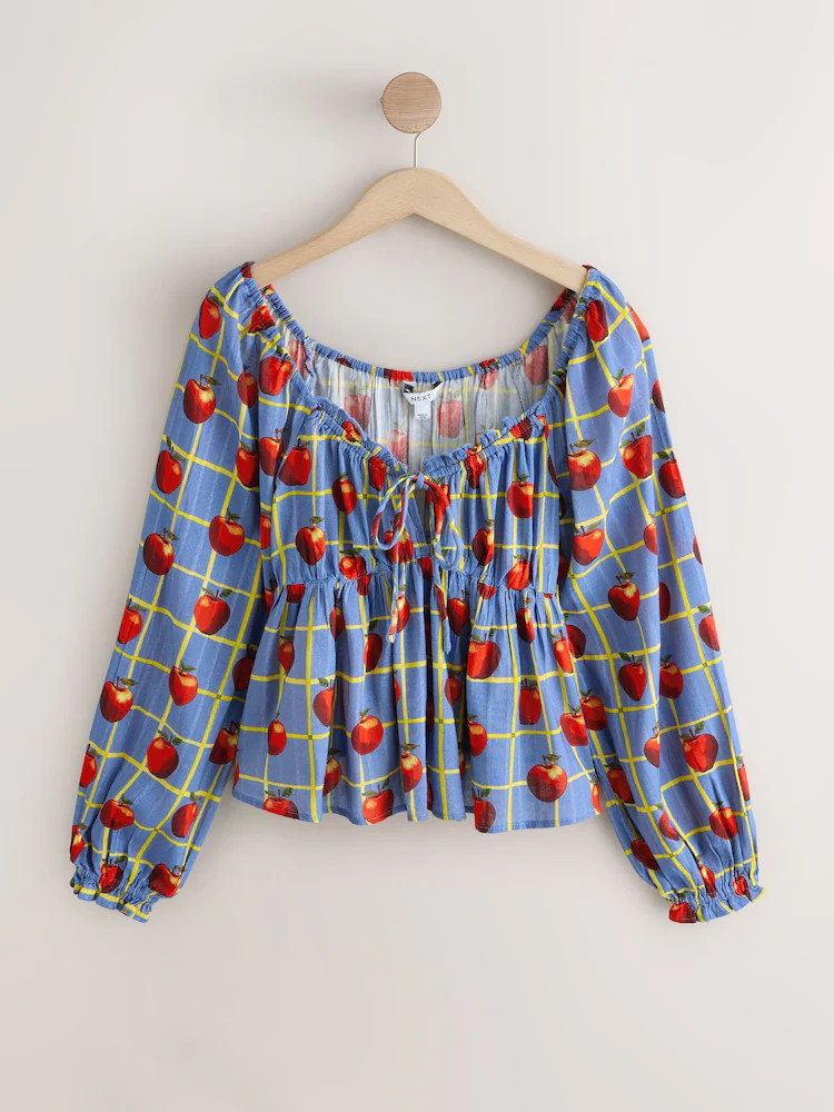 Blue Apple Print Long Sleeve Milkmaid Top | Next EU