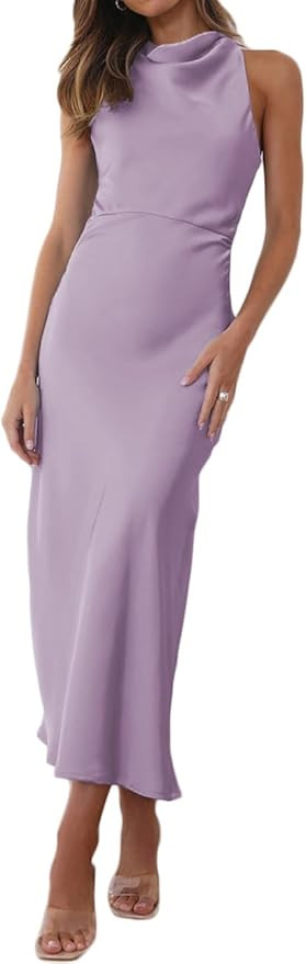 Amazon.com: Halfisland Summer Satin High Neck Backless Sleeveless Midi Dresses for Women Elegant ... | Amazon (US)