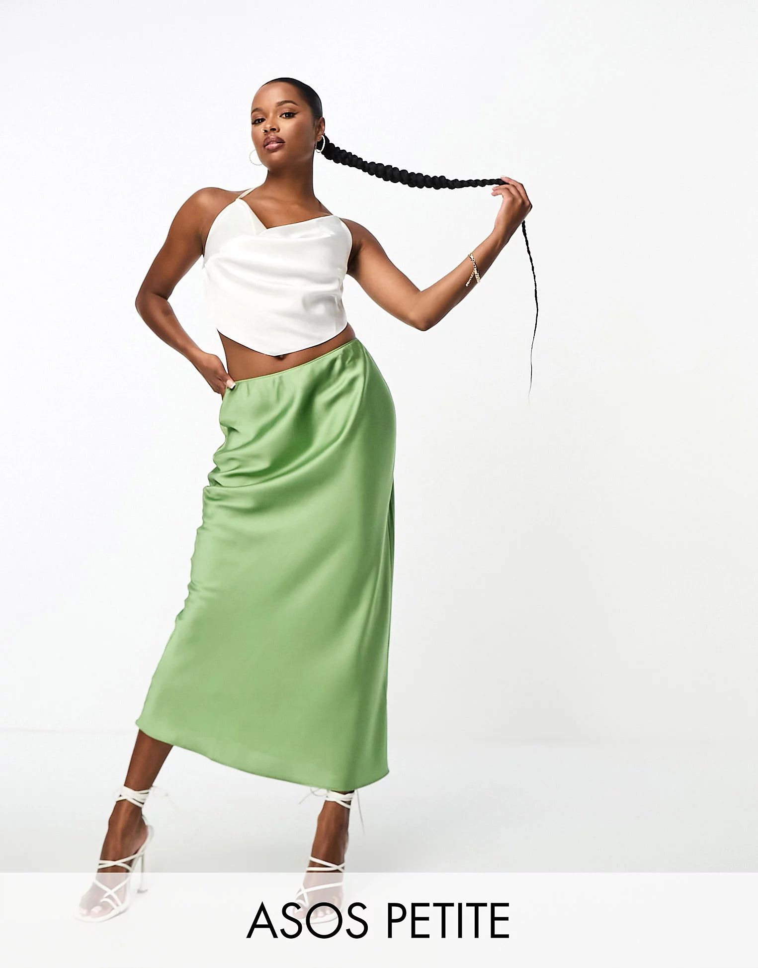 ASOS DESIGN Petite satin bias midi skirt in khaki green | ASOS (Global)