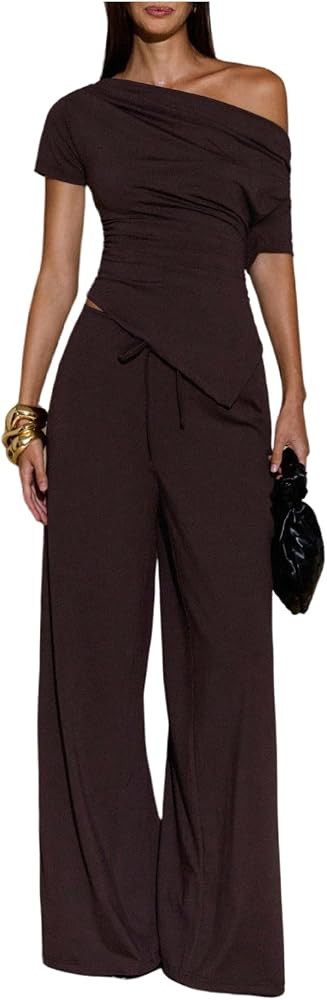 MakeMeChic Women's 2 Piece Set Summer Off The Shoulder Asymmetrical Tops Wide Leg Pants Sets Loun... | Amazon (US)