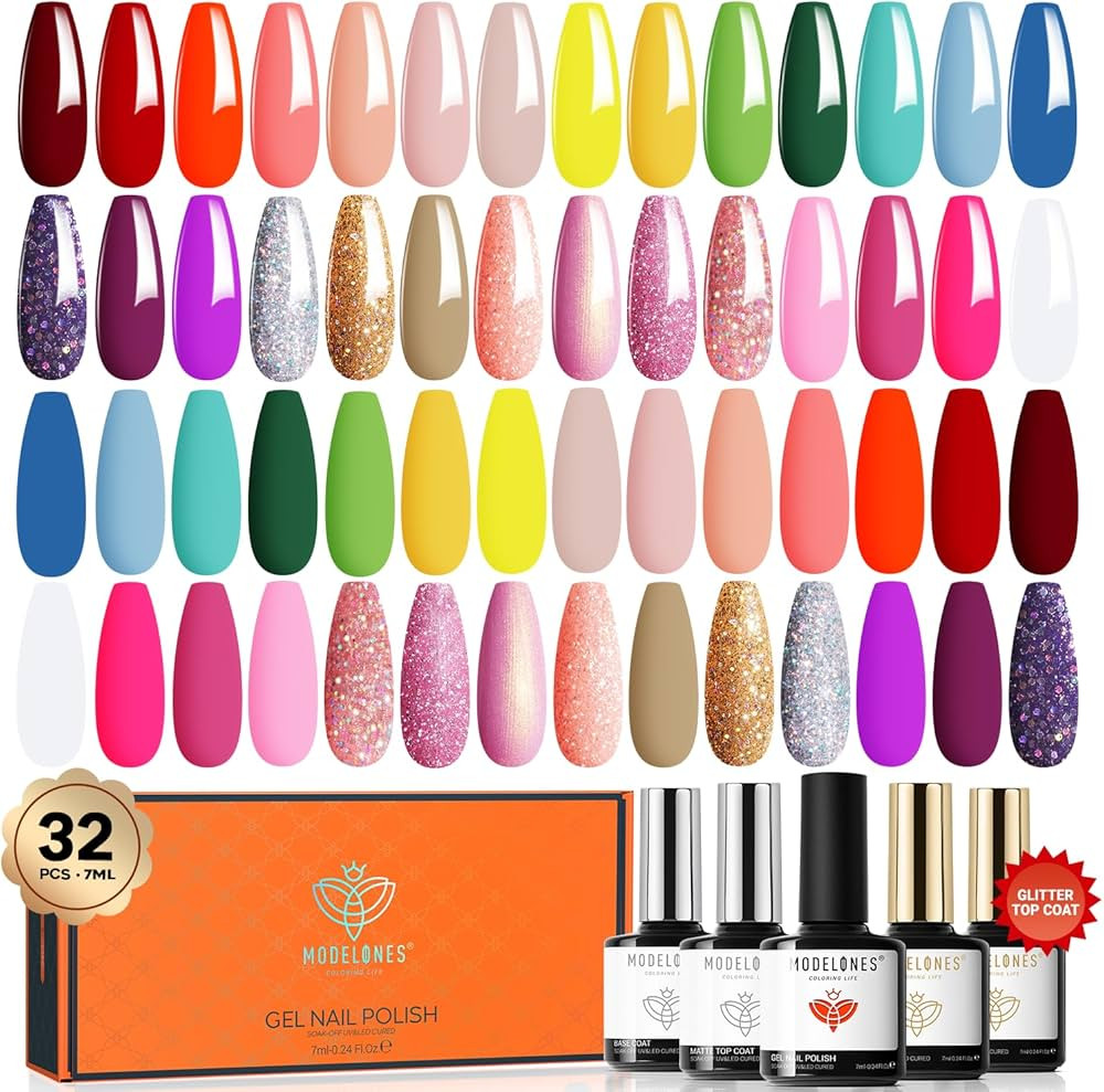 modelones 32 Pcs Gel Nail Polish Kit Summer Neon 28 Colors Gel Nail Polish Set 7ML Soak Off Glitt... | Amazon (US)