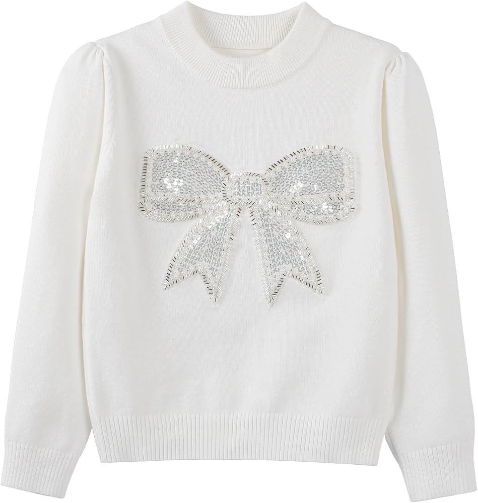 Danny D Young Girl\u2032s Bowknot Sequin Knitted Sweater Crew Neck Long Sleeved Tops for Autumn a... | Amazon (US)