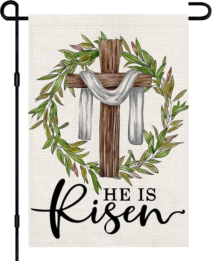 He Is Risen Easter Garden Flag 12x18 Inch Double Sided Burlap, Cross Wreath Sign Small Yard Outsi... | Amazon (US)