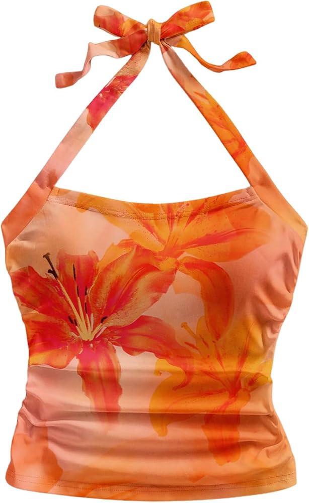 Milumia Women Floral Halter Top Bow Tie Backless Going Out Sleeveless Beach Tank Tops | Amazon (US)