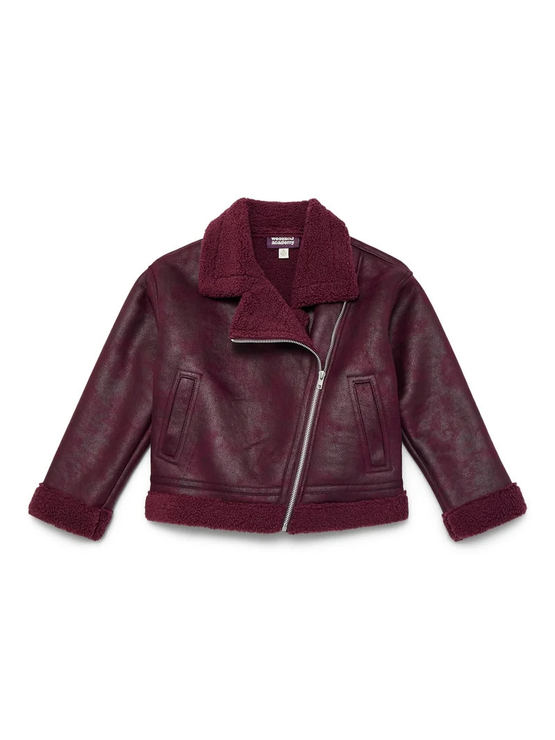 Weekend Academy Girls Faux Leather Biker Jacket with Faux Shearling Trim, Sizes 4-18 | Walmart (US)
