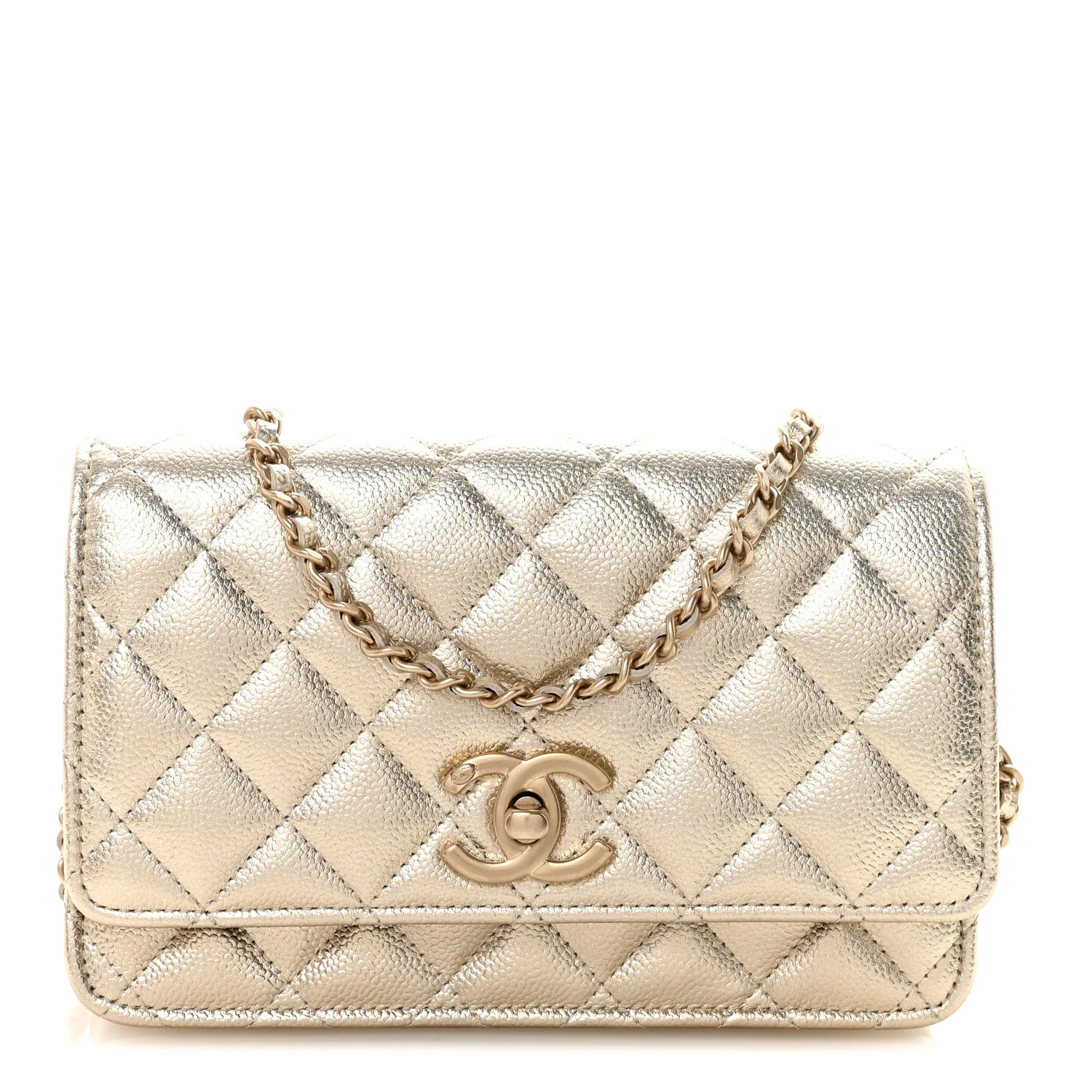 Metallic Caviar Quilted CC Crush Wallet On Chain WOC Light Gold | FASHIONPHILE (US)