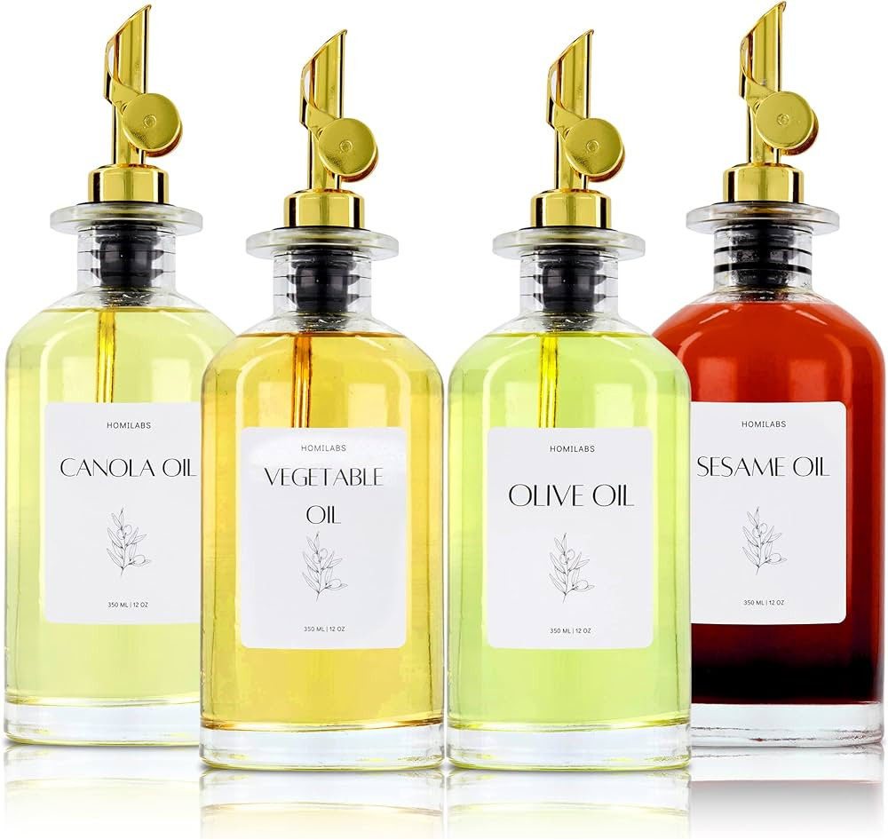 Set of 4 olive oil dispensers with labels, funnel, pourer, and drip-free gold spout | Includes gl... | Amazon (US)