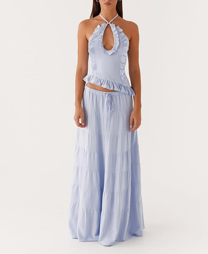 Women Y2K Maxi Skirt Set Sleeveless Halter Ruched Cami Top Flowy Long Skirt Mesh 2 Piece Outfts B... | Amazon (US)