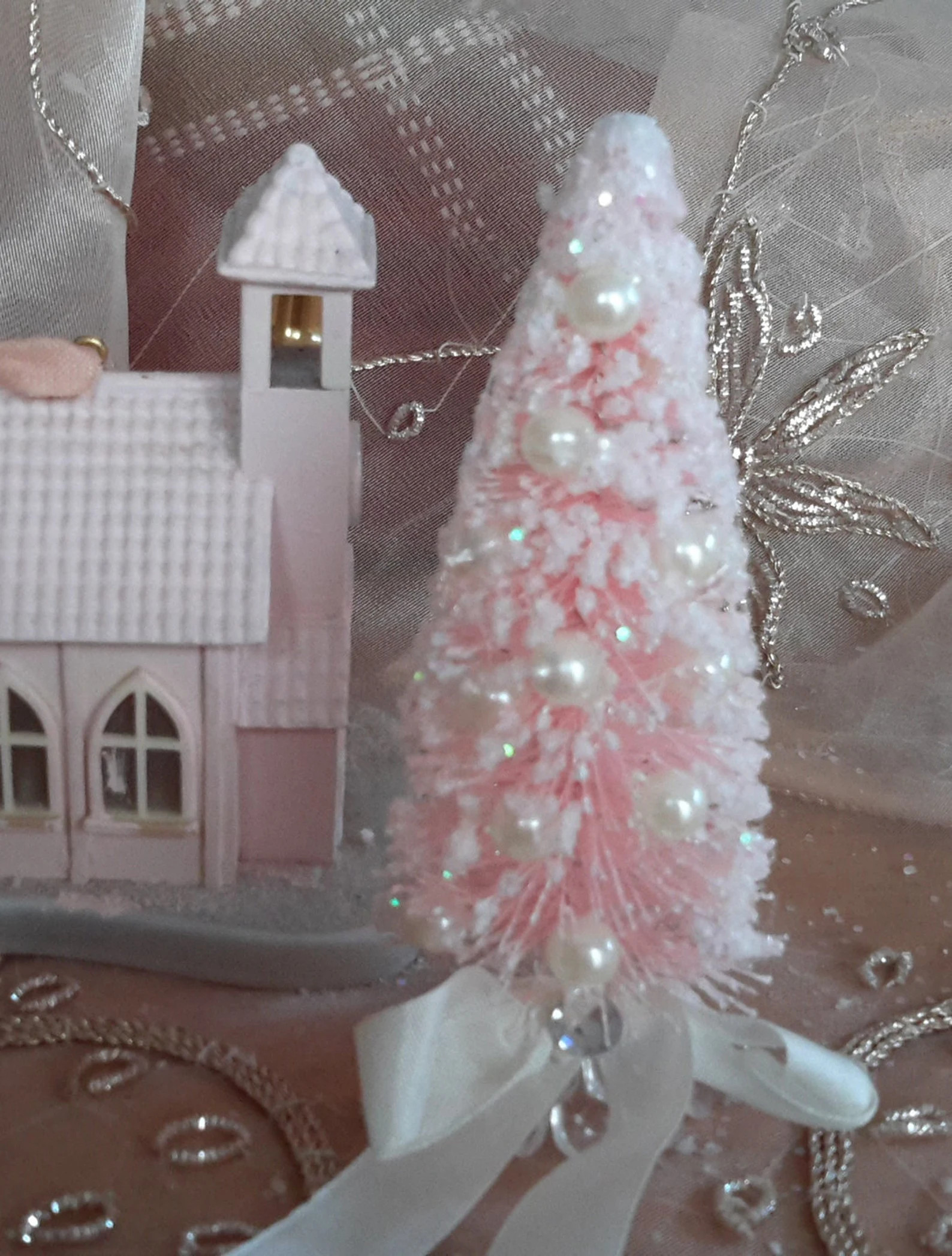 4 LIGHT PINK Bottle Brush Tree Snowy With Pearl Ornaments Vintage Style Decoration - Etsy | Etsy (US)