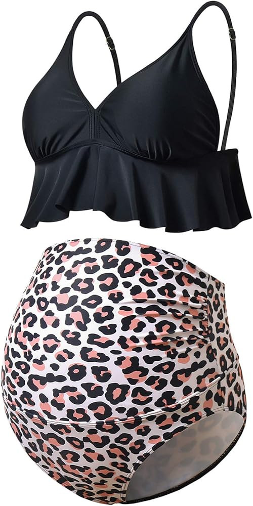 Bhome Maternity Two Pieces Bikini Set High Waisted Bathing Suit Flounce Summer Beachwear Yellow F... | Amazon (US)