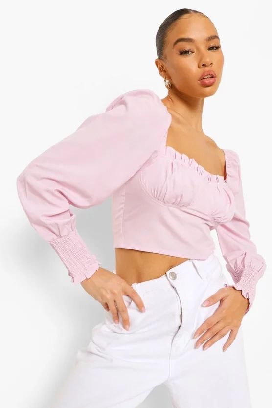 Woven Ruffle Long Sleeve Crop Top | Boohoo.com (UK & IE)