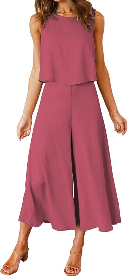 ROYLAMP Women's Summer 2 Piece Outfits Round Neck Crop Basic Top Cropped Wide Leg Pants Set Jumps... | Amazon (US)