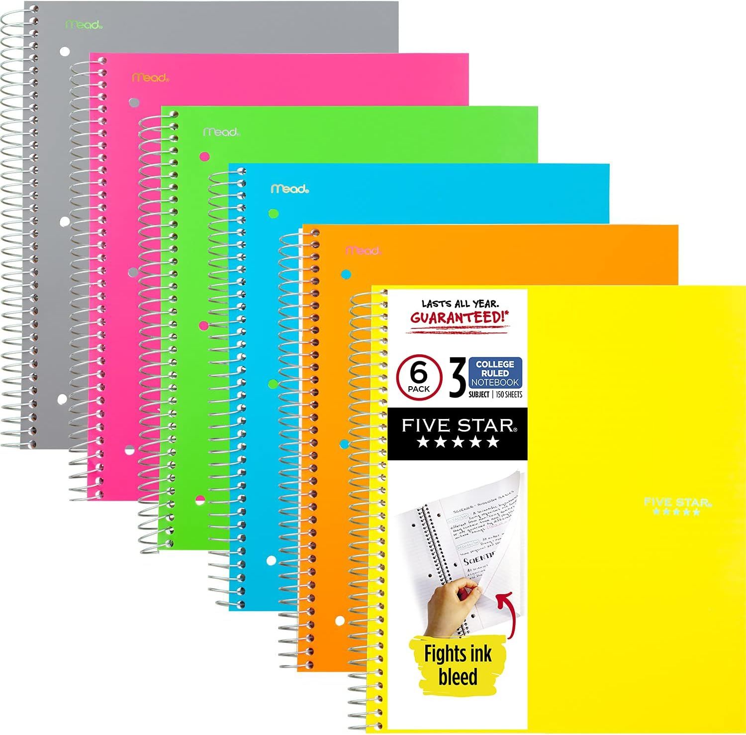 Five Star Spiral Notebooks, 3 Subject, College Ruled Paper, 150 Sheets, 11" x 8-1/2", Assorted Co... | Amazon (US)
