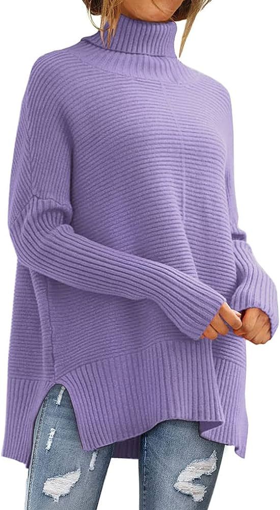 LILLUSORY Womens Turtleneck Oversized Tunic Fall Sweaters 2022 Long Batwing Sleeve Spilt Hem Pull... | Amazon (US)