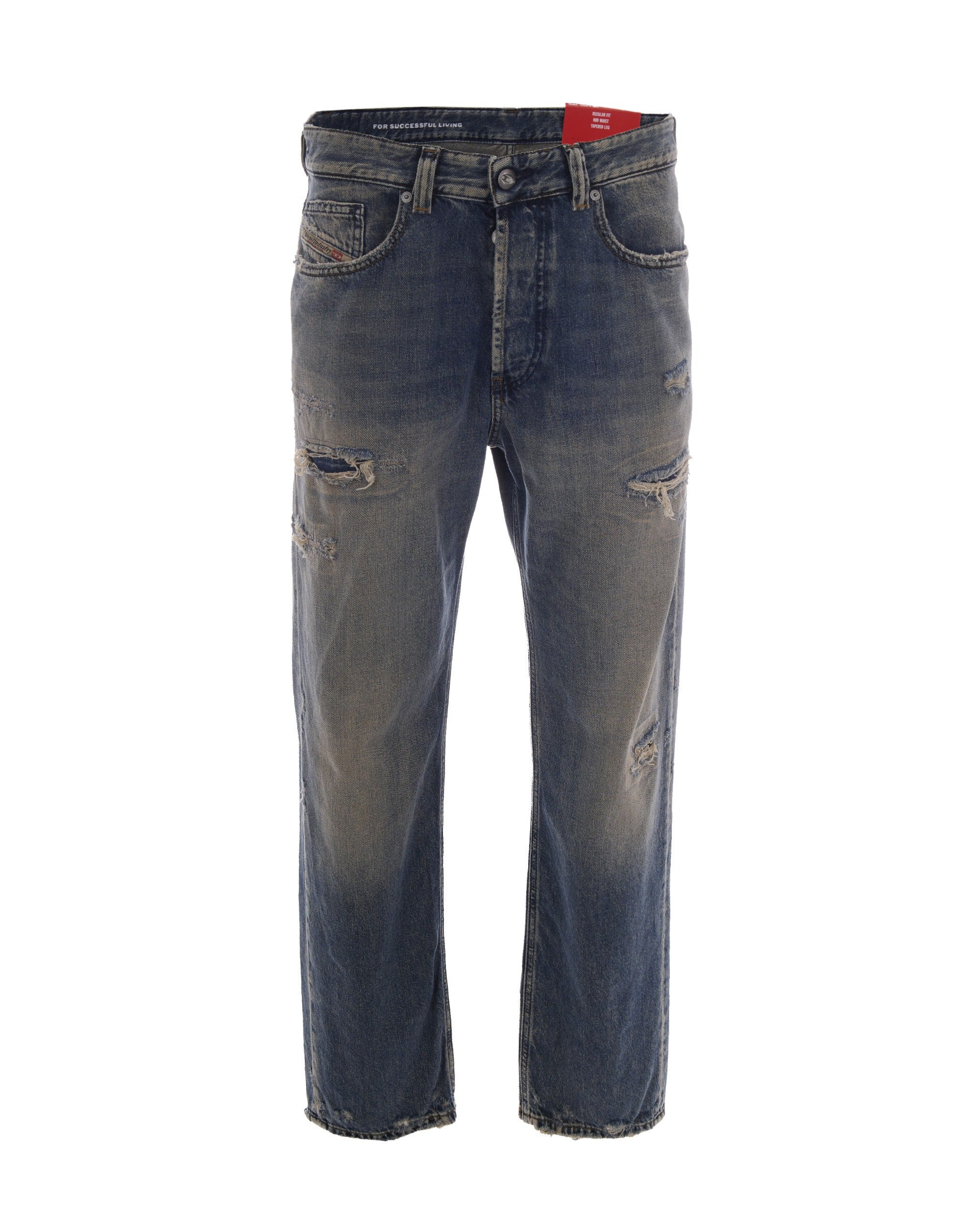 Distressed Denim Jeans with Mid-Rise Waist and Tapered Leg | Shop Simon