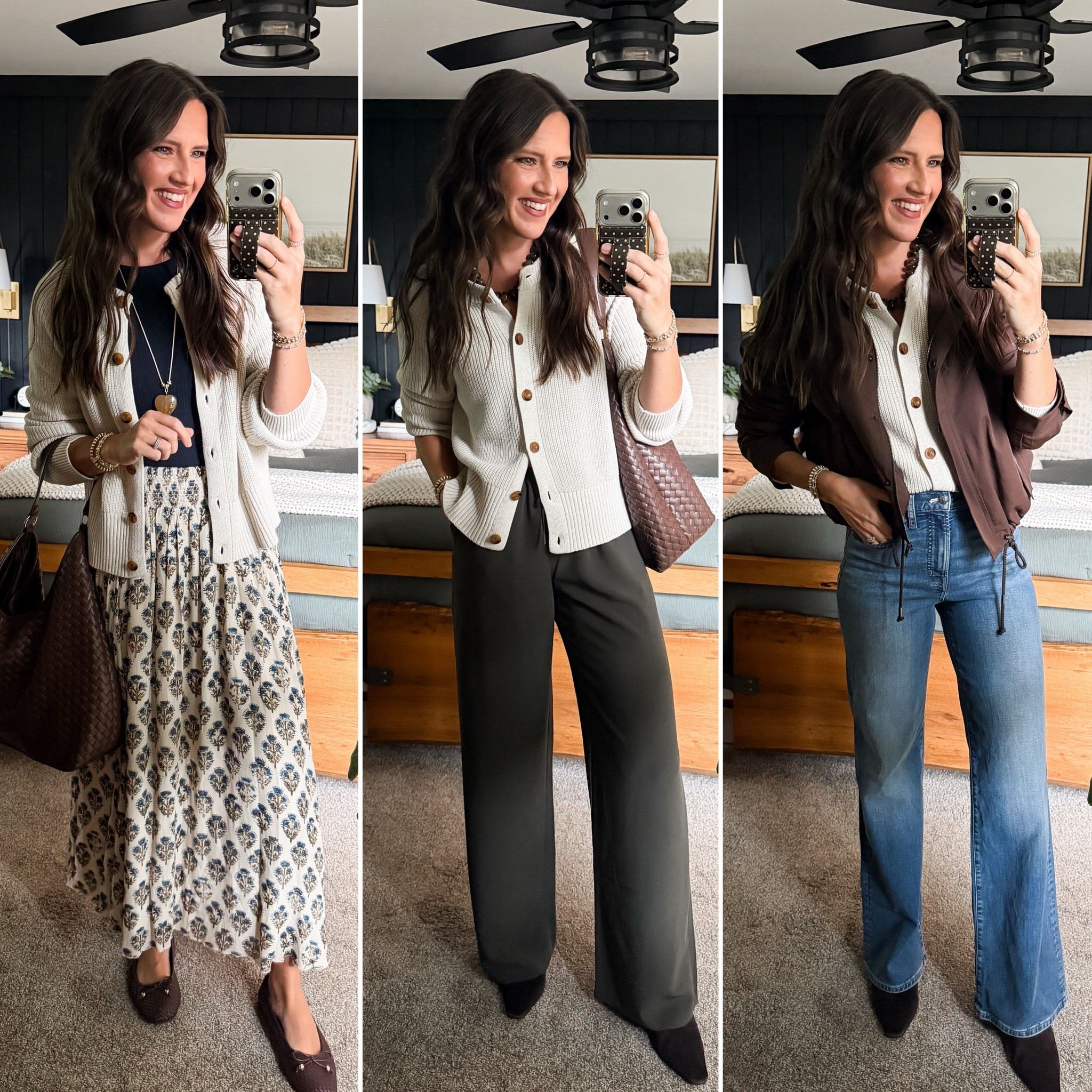 Fall Capsule Wardrobe - Cream Cardigan 

Cardigan (sized up to a large) 
Navy long sleeve (medium) 
Skirt (small) 
Olive pants (small tall) 
Jeans (27 tall) 
Brown jacket (sized up to a large)