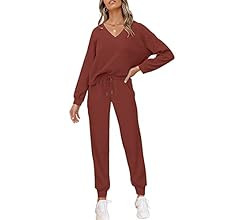 PIIRESO Women's V Neck Waffle Knit 2 Piece Outfits Long Sleeve Top and Pants Loungewear Jogger Se... | Amazon (US)
