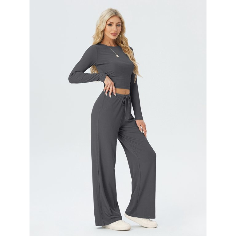 MINTREUS Women's Ribbed Knit Two Piece Outfits Lounge Sets Long Sleeve Wide Leg Pants Homewear Pa... | Walmart (US)