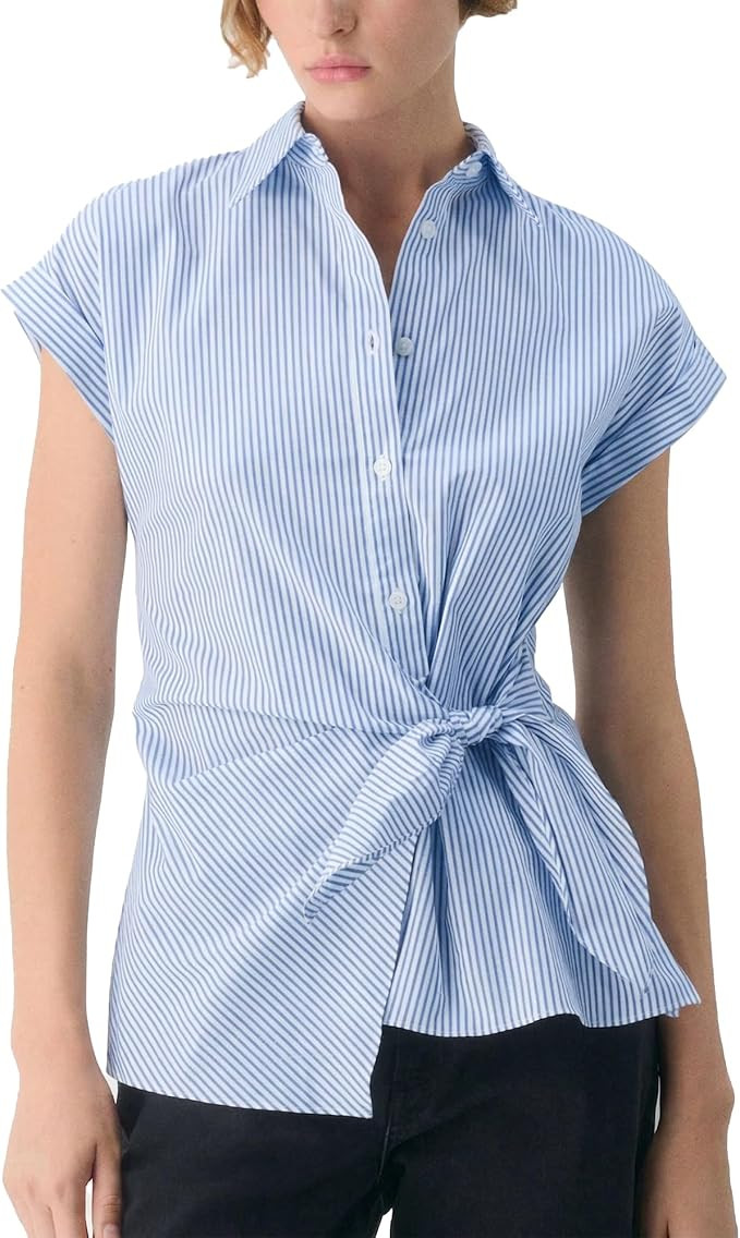 Hixiaohe Womens Sleeveless Button Down Shirts Casual Striped Collared Tank Tops Front Tie Waist O... | Amazon (US)