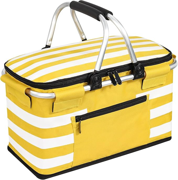 Insulated Picnic Basket,Leak-Proof Collapsible Cooler Bag,26L Grocery Basket with Lid,2 Sturdy Ha... | Amazon (US)