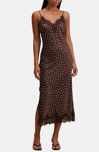 Ever New Jess Polka Dot Lace Trim Satin Midi Slipdress | Nordstrom | Nordstrom