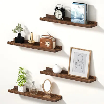 Handcrafted Natural Pine Wood Floating Shelves Set Of 4 - Wall Mounted With Lip, For Decor And Organization | Wayfair North America