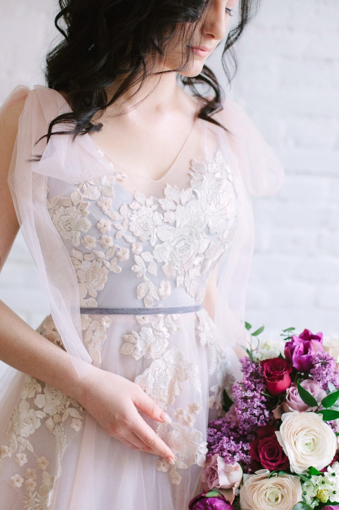 Blush wedding dress tulle and lace with a train, dusty blue and pink wedding dress, ribbons |LUV-... | Etsy (US)