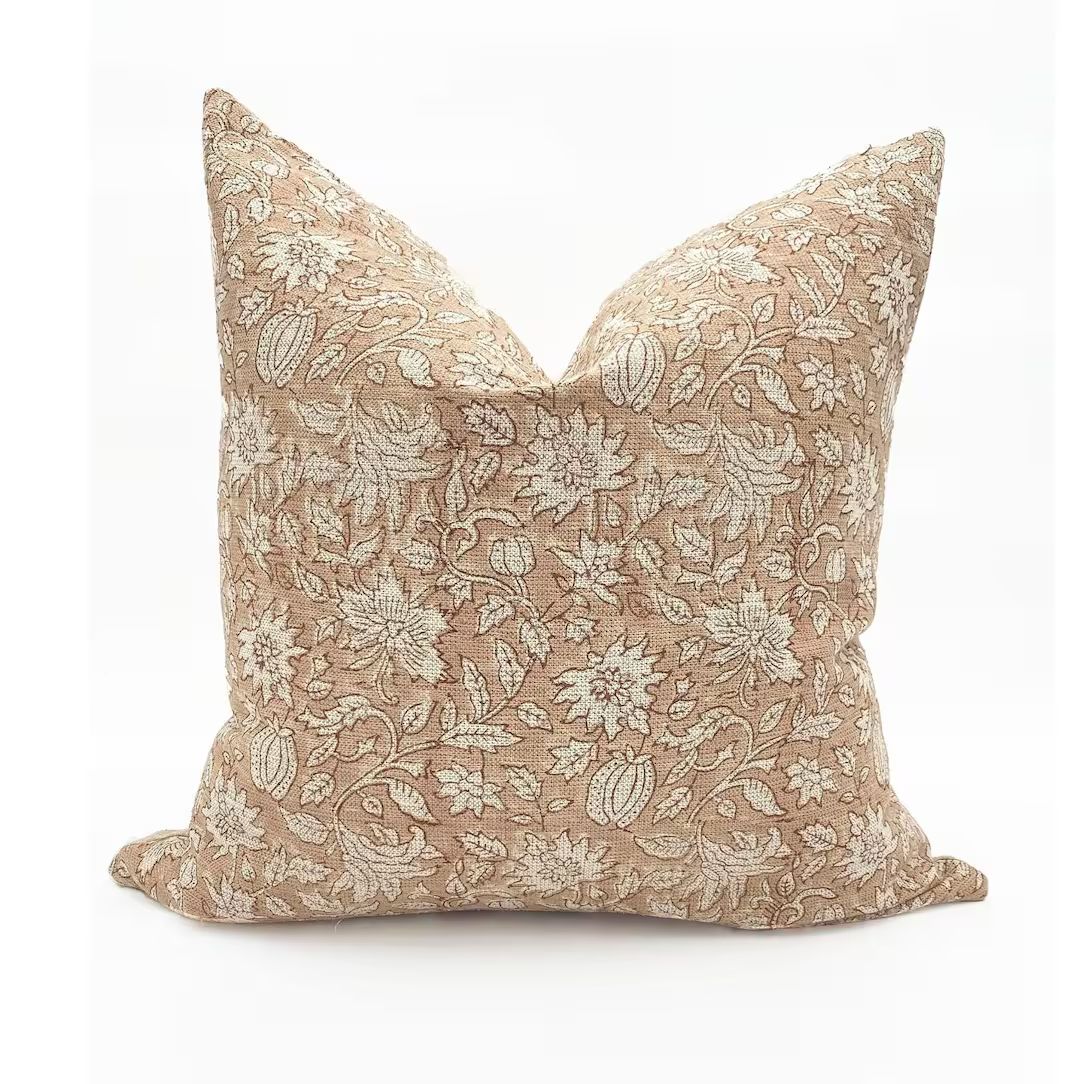 Throw Pillows Brown Cream Floral Pillow Hand Blocked Linen Pillow Handmade Pillow Cover Designer ... | Etsy (US)