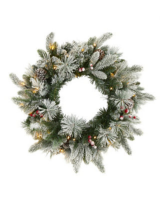 Flocked Mixed Pine Artificial Christmas Wreath with 50 LED Lights, Pine Cones and Berries | Macy's